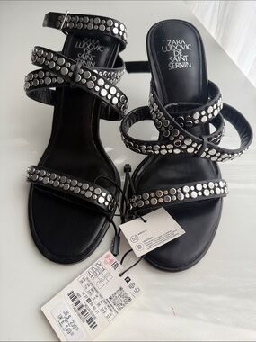 Zara sandals black leather genuine shoes studded Ludovic de saint Sernin 7.5